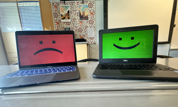 A students BYOD computer is shown with a sad face and a school-issued device is shown with a happy face to symbolize the change in use of devices at FCPS.
